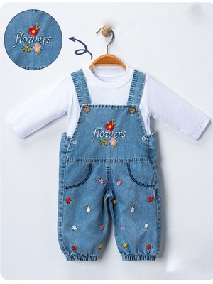Tuo Bebe Kolsuz Mavi Çiçek Nakışlı Bebek Salopet Denim Kumaş ile Dayanıklı ve Şık