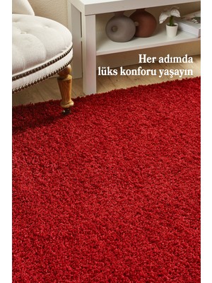 Anaska Home Modern Düz Desenli Kırmızı Oturma Odası Halısı Salon Halısı Uzun Tüylü Yumuşak Dokulu Kolay Bakım