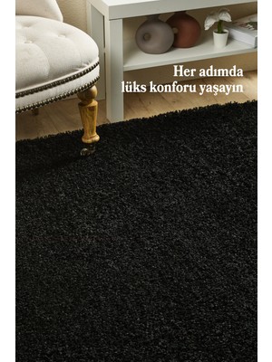 Anaska Home Peluş Halı Siyah Oturma Odası Halısı Salon Halısı Uzun Tüylü Toz Vermez Kolay Bakım Yuvarlak