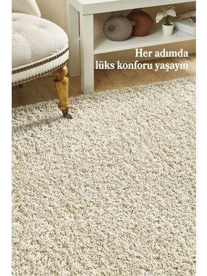 Anaska Home Peluş Halı Bej Oturma Odası Halısı Salon Halısı Uzun Tüylü Toz Vermez Kolay Bakım Yuvarlak