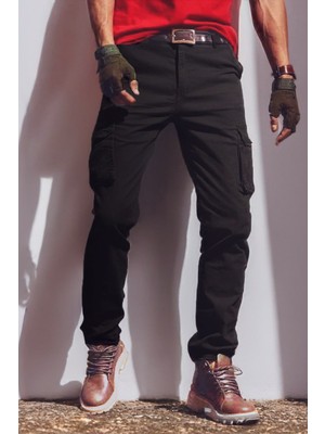 Kışlık Düz Paça Gabardin Siyah Erkek Kargo Pantolon - Pamuklu Esnek Likralı - Kargo Erkek Pantolon