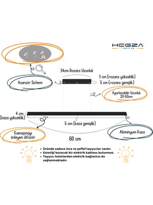 Hegza Lighting Lineer-80 (Siyah Kasa, Sarı Işık) Ledli Modern Avize