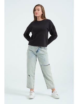 Siyah Relaxed/rahat Kalıp Bisiklet Yaka Patch Detaylı Uzun Kollu Örme Sweatshirt