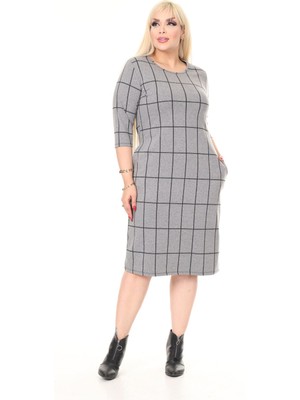 Çift Cepli Kışlık Büyük Beden Esnek Desenli Elbise 30A-2615