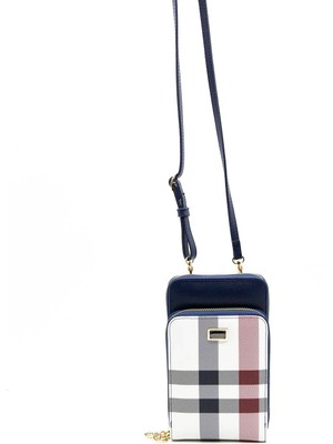 Silver & Polo Silver Polo Beyaz - Lacivert Ekose Kadın Telefon Çantası SP1011