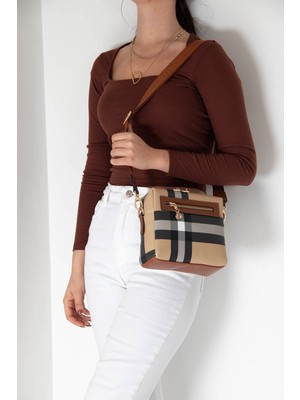 Silver & Polo Silver Polo Bej - Taba Ekose Kadın Çapraz Çanta SP1038