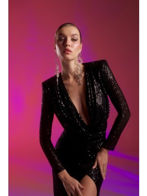 Gira Official Siyah Payetli Drape Detaylı Uzun Elbise