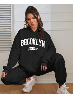 Afro Giyim Kadın Brooklyn Newyork Baskılı Oversize Polar Eşofman Takımı