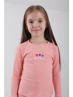 Perendi  Pamuklu Kindness ve Kalp Nakışlı Kız Çocuk Sweatshirt Somon