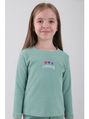 Perendi  Pamuklu Kindness ve Kalp Nakışlı Kız Çocuk Sweatshirt Çağla