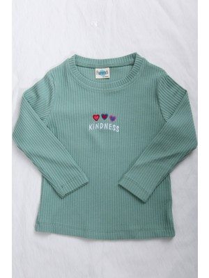 Perendi  Pamuklu Kindness ve Kalp Nakışlı Kız Çocuk Sweatshirt Çağla