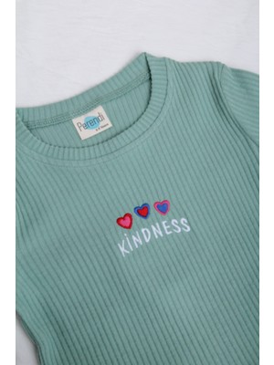 Perendi  Pamuklu Kindness ve Kalp Nakışlı Kız Çocuk Sweatshirt Çağla