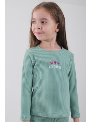 %100 Pamuklu Kindness ve Kalp Nakışlı Kız Çocuk Sweatshirt Çağla