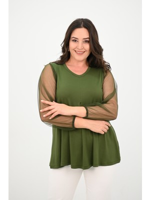 Koza Butik Kadın Büyük Beden Pileli V Yaka Tül Detaylı Bluz 1857-25