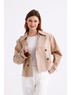 Pastelastore  Pamuk Gabardin Astarlı Oversize Geniş Kalıp Kadın Crop Kısa Trençkot 1122