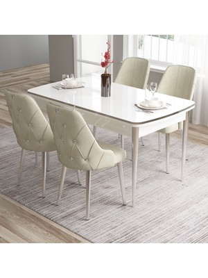 Canisa Concept Tia Serisi, Beyaz MASA,80X132 Açılabilir Mdf Mutfak Masa Takımı 4 Sandalye Gümüş Detay