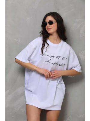 Modaiconu Bisiklet Yaka Baskılı Oversize T-Shirt Beyaz