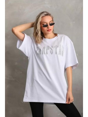 Modaiconu Taş Desenli Oversize T-Shirt Beyaz