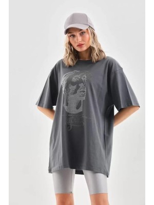 Modaiconu Taş Desenli Oversize T-Shirt Füme