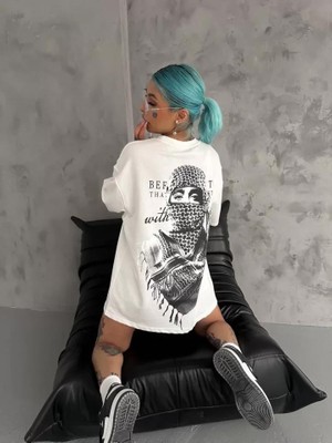 Modaiconu Baskılı Oversize T-Shirt Beyaz