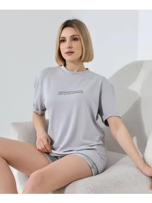 Modaiconu Bisiklet Yaka Baskılı Slim Fit T-Shirt Boyalı Gri