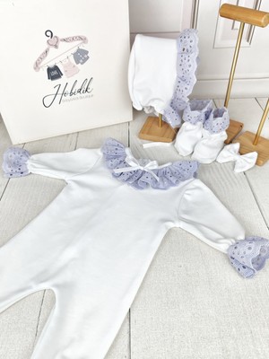 Hobidik Baby Kız Bebek Hastane Çıkışı Ekru Lila Fistolu Tulum Set