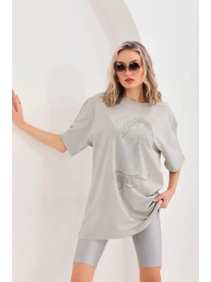 Modaiconu Taş Desenli Oversize T-Shirt Gri