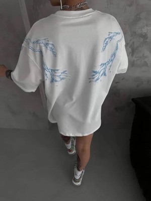 Modaiconu Bisiklet Yaka Baskılı Oversize T-Shirt Beyaz