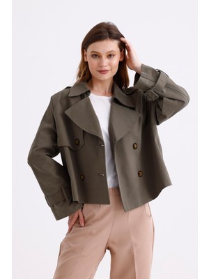 %100 Pamuk Gabardin Astarlı Oversize Geniş Kalıp Kadın Crop Kısa Trençkot 1122