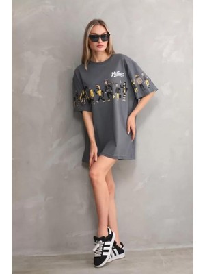 Modaiconu Bisiklet Yaka Baskılı Oversize T-Shirt Gri