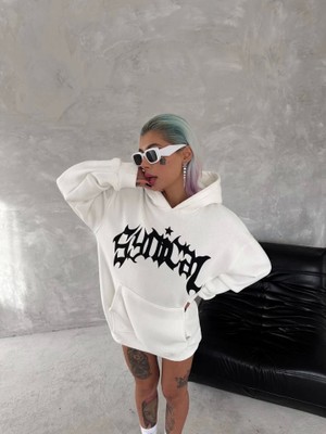 Modaiconu Üç Iplik Kapşonlu Baskılı Sweatshirt Beyaz