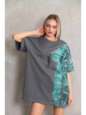 Modaiconu Bisiklet Yaka Baskılı Oversize T-Shirt Gri