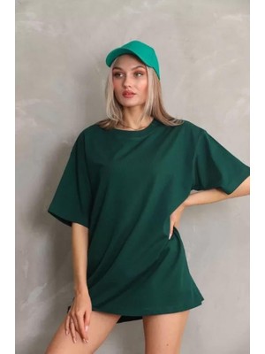 Modaiconu Bisiklet Yaka 20/1 Düz Oversize T-Shirt Yeşil