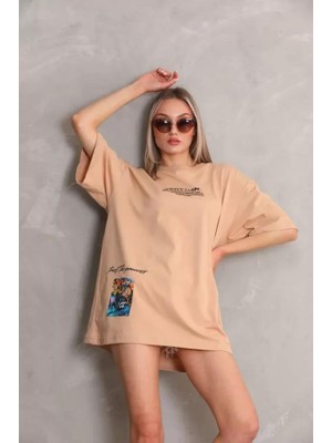 Modaiconu Bisiklet Yaka Baskılı Oversize T-Shirt Bej