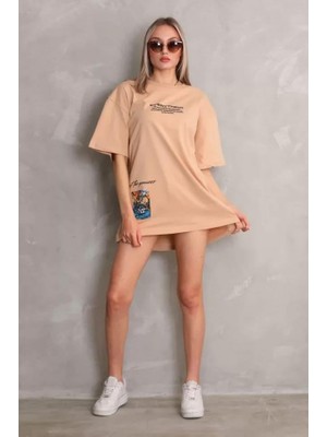 Modaiconu Bisiklet Yaka Baskılı Oversize T-Shirt Bej