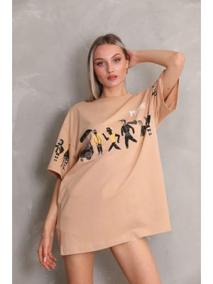 Modaiconu Bisiklet Yaka Baskılı Oversize T-Shirt Bej