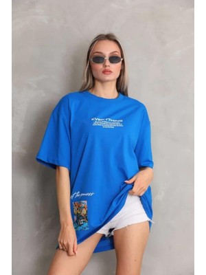 Modaiconu Bisiklet Yaka Baskılı Oversize T-Shirt Mavi