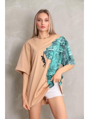 Modaiconu Bisiklet Yaka Baskılı Oversize T-Shirt Bej