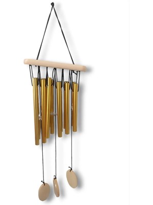 Gold Metal Çubuklu Ahşap Rüzgar Çanı Kapı Bahçe Balkon Teras Süsü