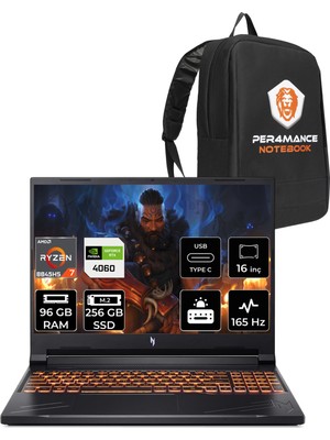 Acer Nitro V 16 Ryzen 7 8845HS RTX 4060 Gaming Laptop 96GB RAM 256GB SSD 16" FHD+ 165Hz FreeDOS + Per4 Çanta NHQRUEY003P336