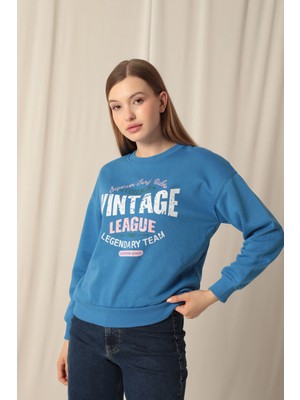 Üç Iplik Kumaş Vintage Baskılı Kadın Mavi Sweat