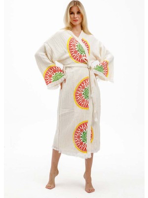 Ekru Renk Taş Baskı Kimono Kaftan