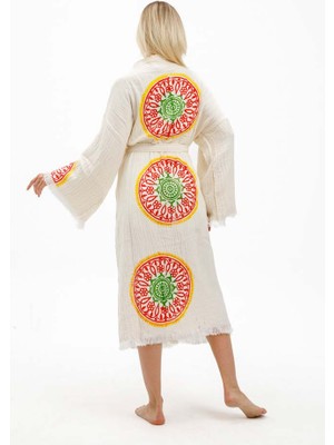 Ekru Renk Taş Baskı Kimono Kaftan