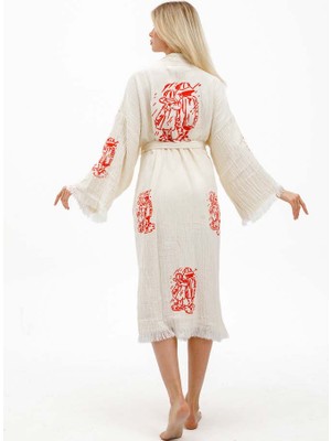 Ekru Renk Taş Baskı Kimono Kaftan