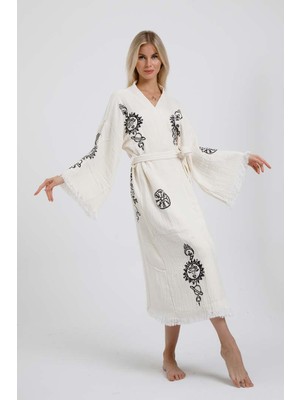 Ekru Renk Taş Baskı Kimono Kaftan