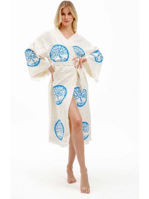 Ekru Renk Taş Baskı Kimono Kaftan