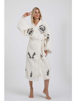 Ekru Renk Taş Baskı Kimono Kaftan