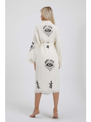 Ekru Renk Taş Baskı Kimono Kaftan