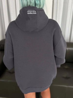 Üç Iplik Kapşonlu Baskılı Sweatshirt - Füme