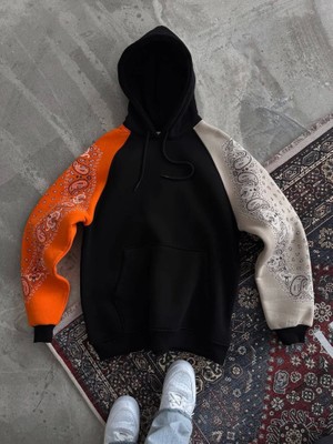 Üç Iplik Penye Kapşonlu Parçalı Sweatshirt - Siyah